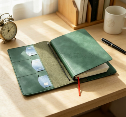Green leather A5 journal organizer open on wooden desk with alarm clock and pen