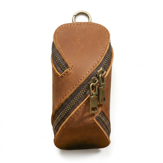 Vintage cognac leather key pouch white background main product shot