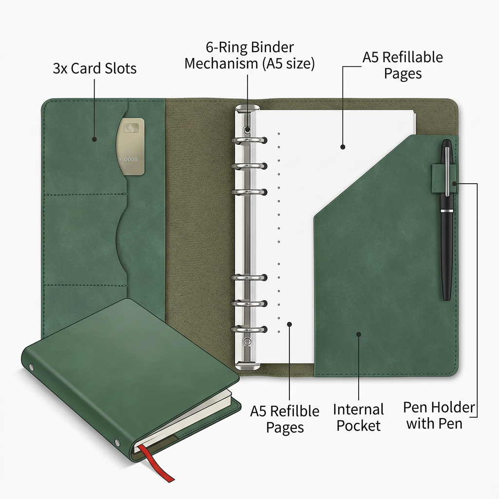 Interior layout infographic showing card slots pen holder and ring binder