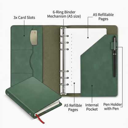 Interior layout infographic showing card slots pen holder and ring binder