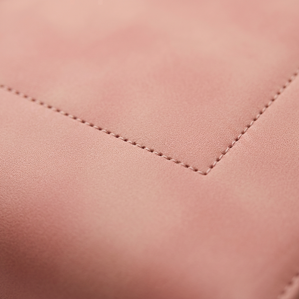 Macro close-up pink leather surface with dotted stitch border pattern detail