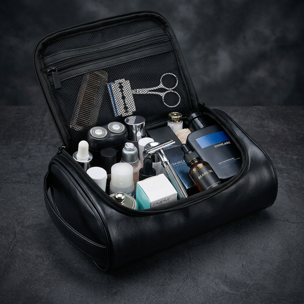 Black leather dopp kit open loaded with grooming products shaver razor cologne dark background