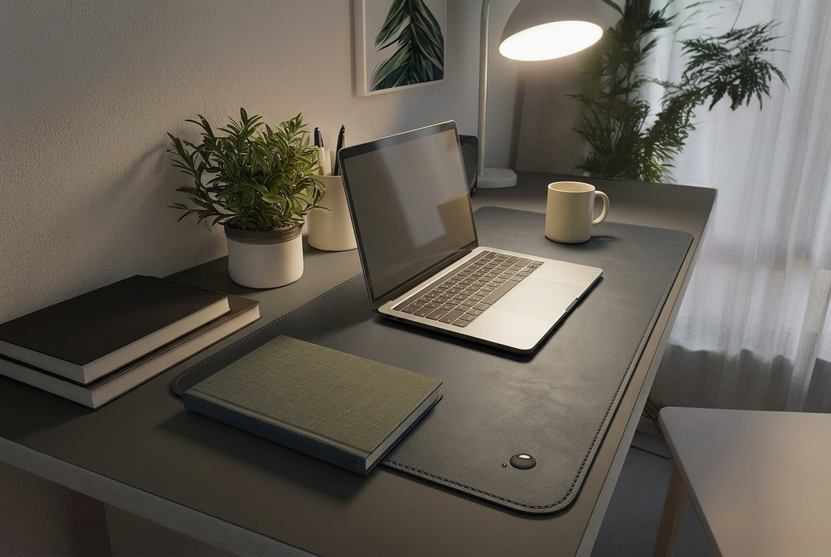 Leather desk pad on minimalist home office desk with laptop and coffee