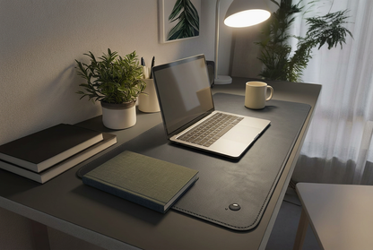 Leather desk pad on minimalist home office desk with laptop and coffee