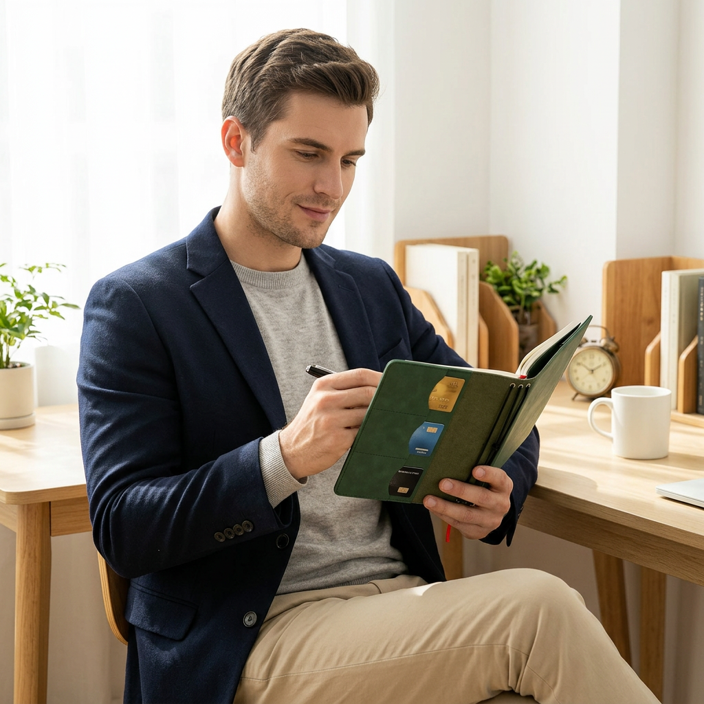European man opening green leather A5 notebook cover at modern desk