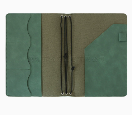 Green PU leather A5 notebook cover interior showing card slots and ring binder