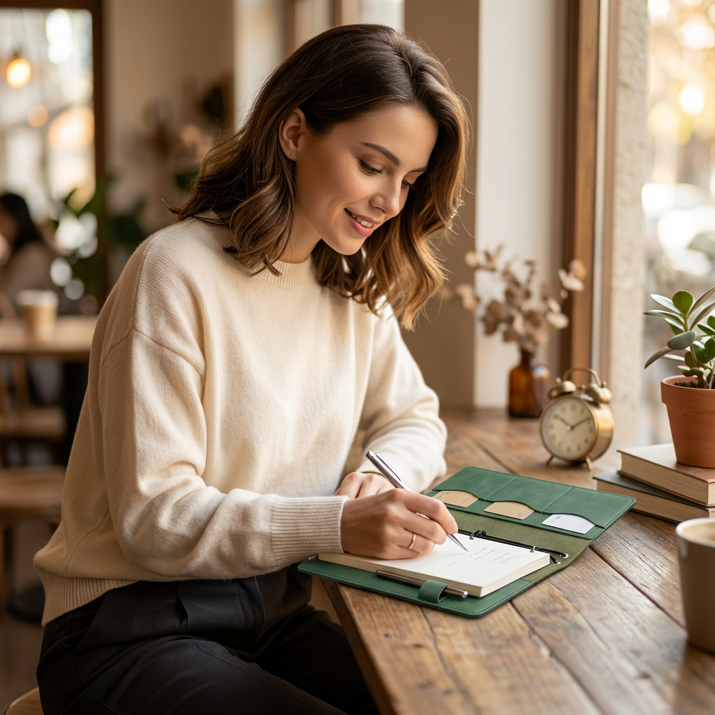 European woman writing in green leather notebook organizer at cafe