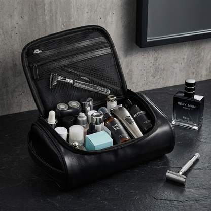 Black leather toiletry bag on dark slate bathroom counter with cologne lifestyle shot