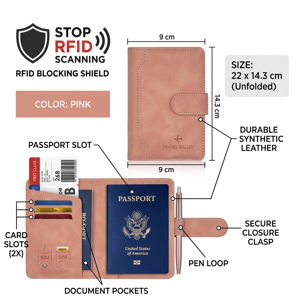 RFID passport holder feature infographic with interior layout and size measurement