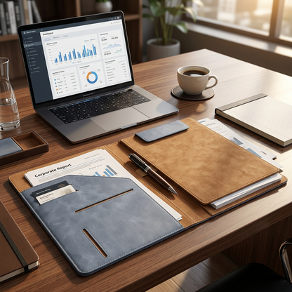 A4 leather portfolio on modern office desk with laptop and coffee lifestyle shot