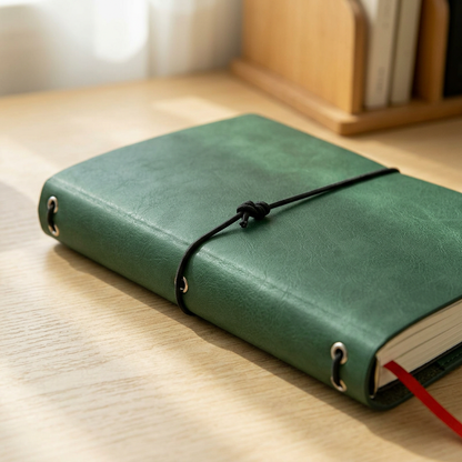 Close-up detail of green PU leather texture and elastic rope closure