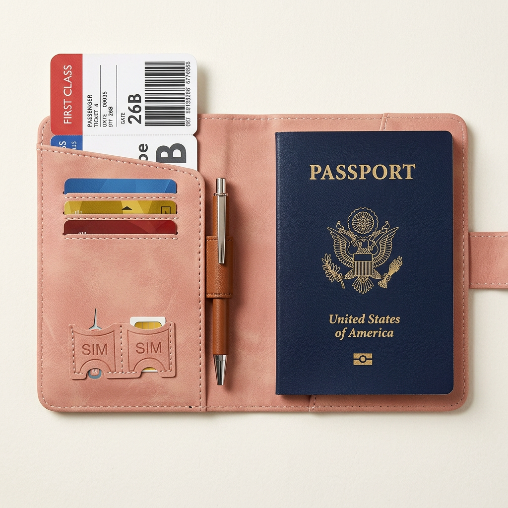 Pink leather passport holder open showing passport card slots and document pocket