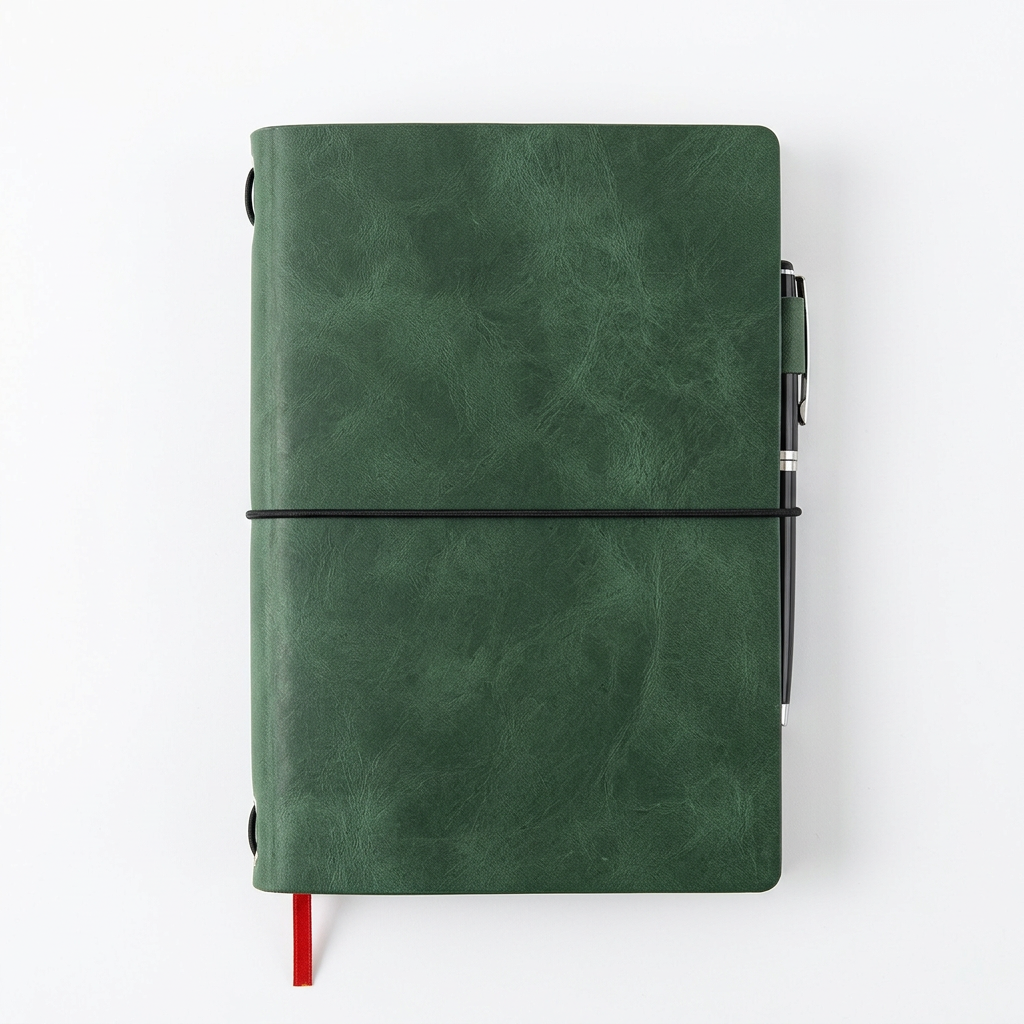 Forest green leather A5 notebook cover closed white background main shot