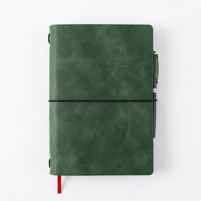 Forest green leather A5 notebook cover closed white background main shot