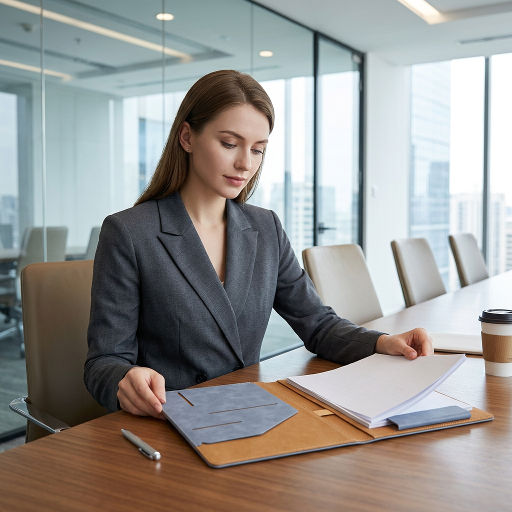 European businesswoman reviewing documents in A4 leather portfolio at conference table