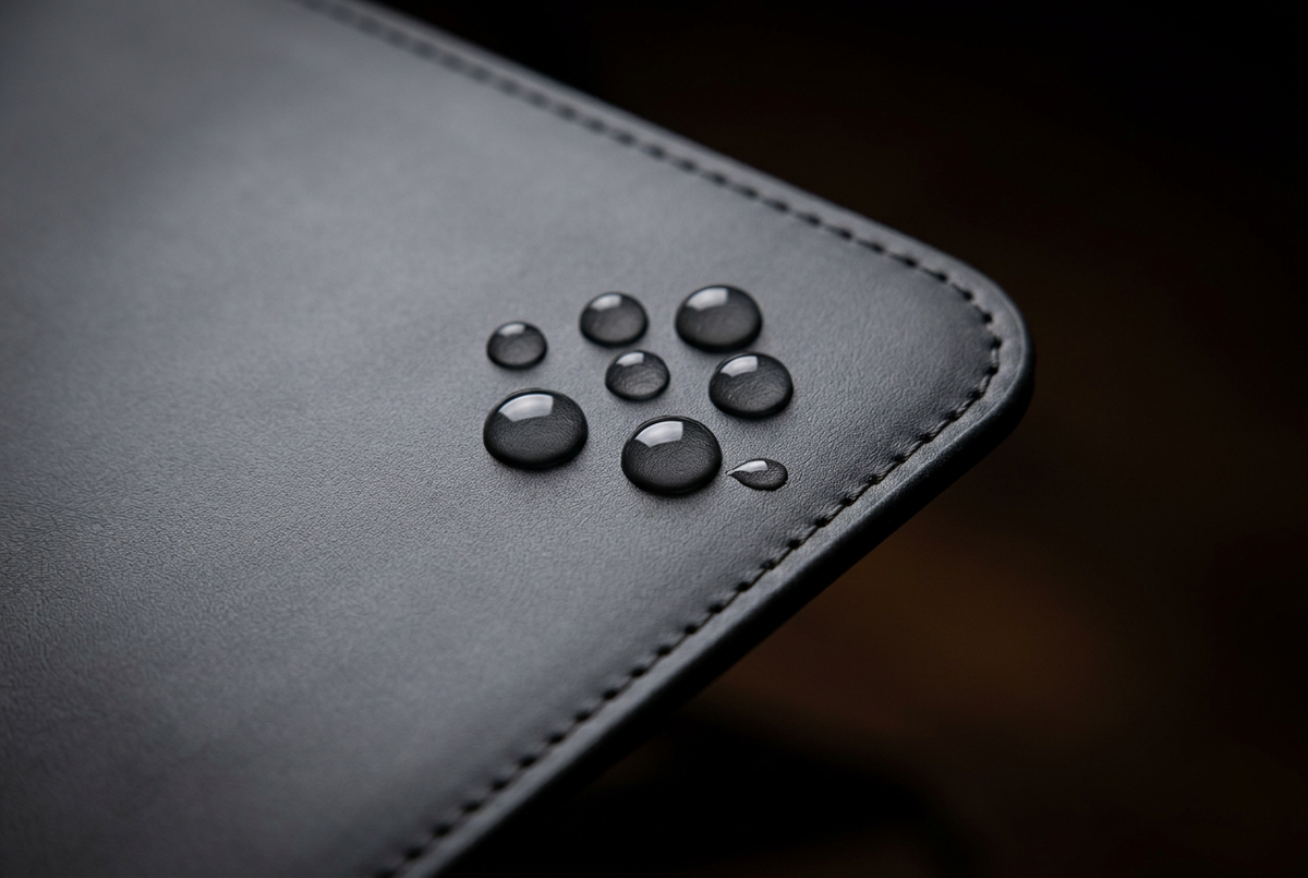 Close-up of premium leather texture with waterproof water bead detail