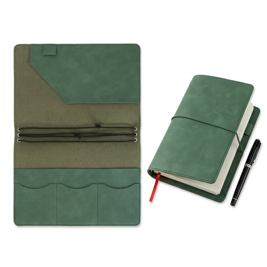 A5 leather notebook cover open interior white background main product shot