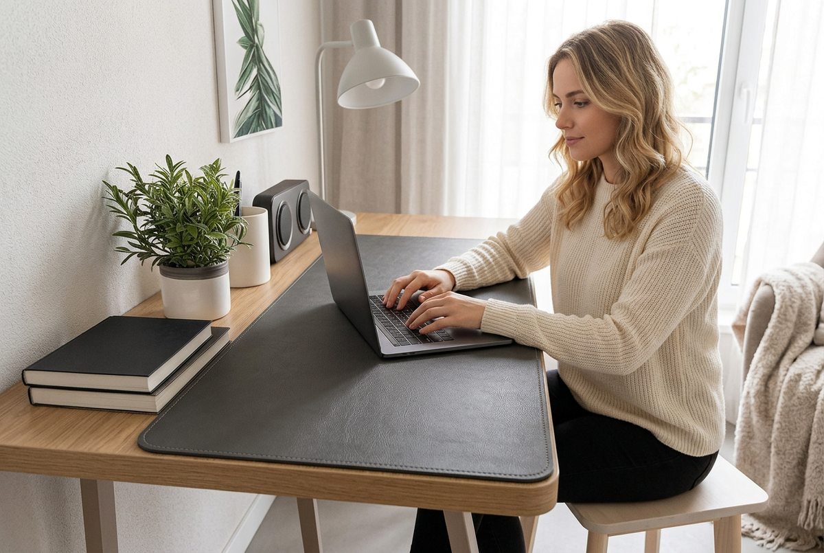European woman working at desk with premium leather desk mat
