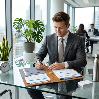 European businessman writing in A4 leather portfolio folder at modern desk