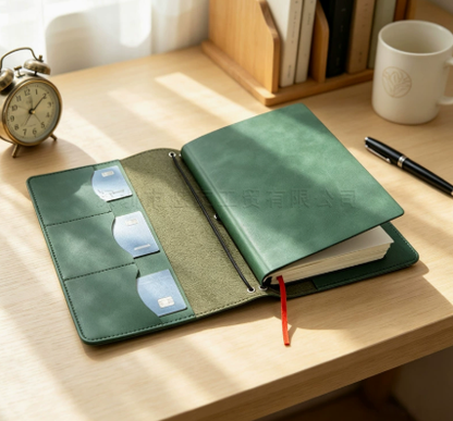 Green leather A5 journal organizer open on wooden desk with alarm clock and pen
