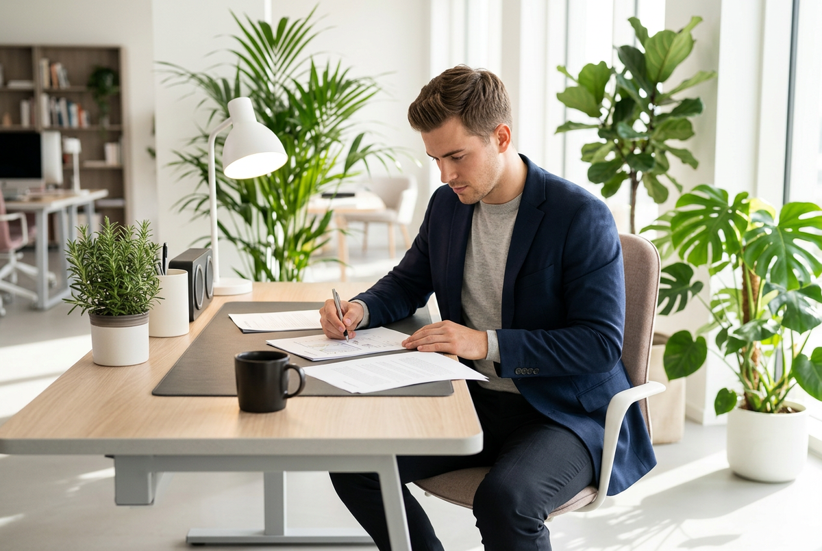 European man in home office using leather desk pad mat