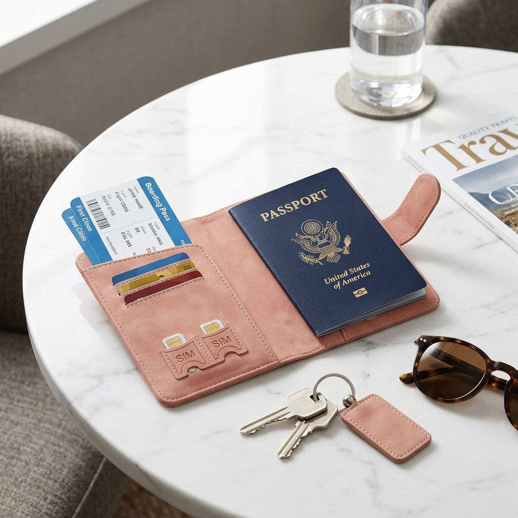 Pink passport wallet on marble surface with passport and boarding passes travel lifestyle