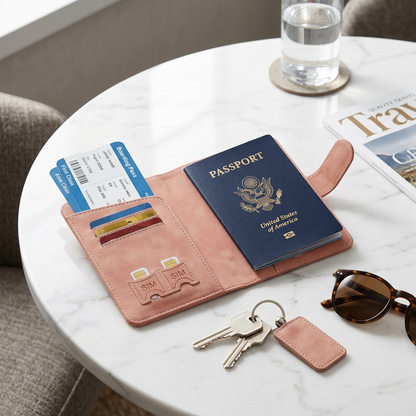 Pink passport wallet on marble surface with passport and boarding passes travel lifestyle