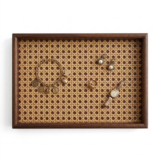 Vintage walnut wood rattan jewelry tray white background main product shot