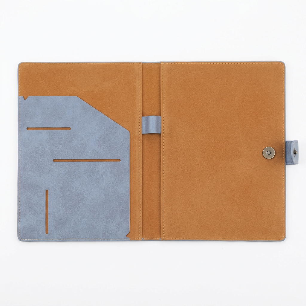 A4 leather portfolio open flat showing interior pockets and card slots white background