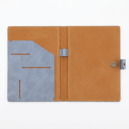 A4 leather portfolio open flat showing interior pockets and card slots white background