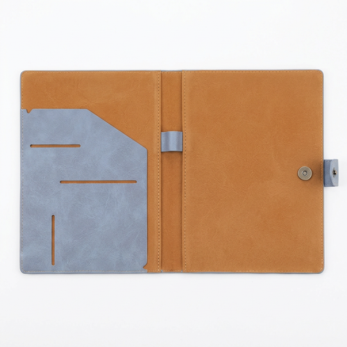 A4 leather portfolio open flat showing interior pockets and card slots white background