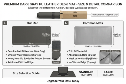 Desk mat size chart and packaging detail - no logo