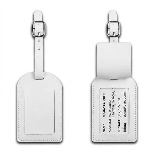 Luggage tag open showing interior ID card slot with name and contact information card
