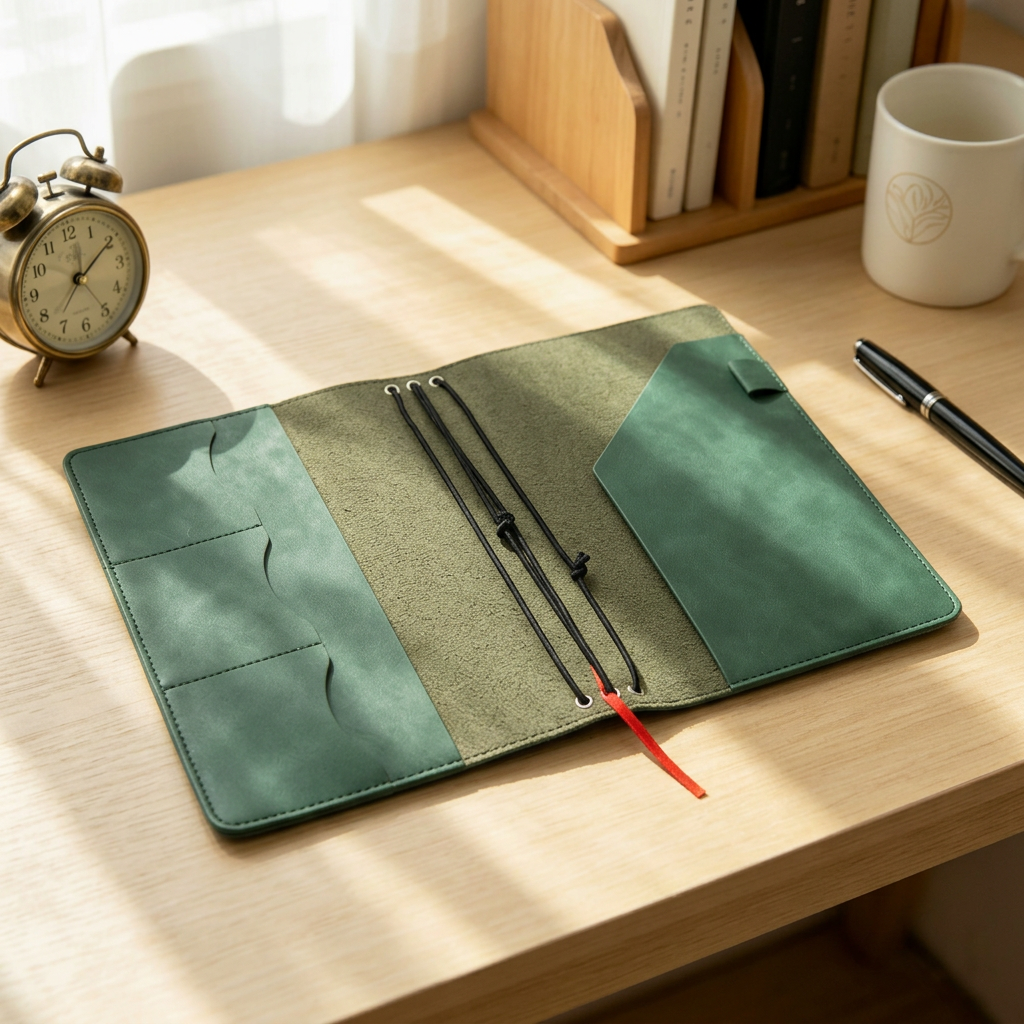 Green leather journal organizer on warm wooden desk lifestyle shot