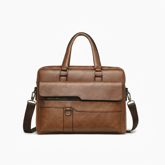 Cognac brown leather men's briefcase white background main product shot