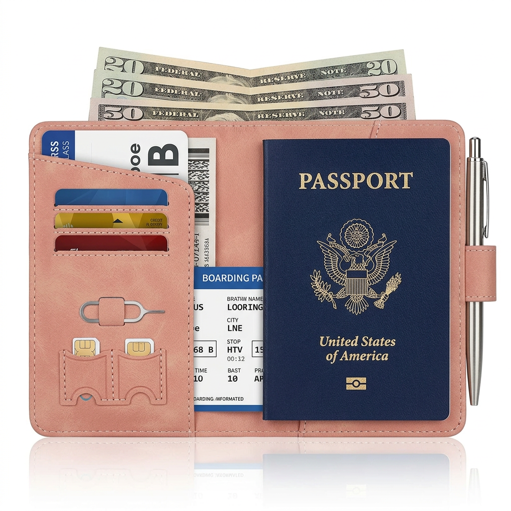 Full capacity demonstration showing passport cards boarding pass cash and pen organized inside