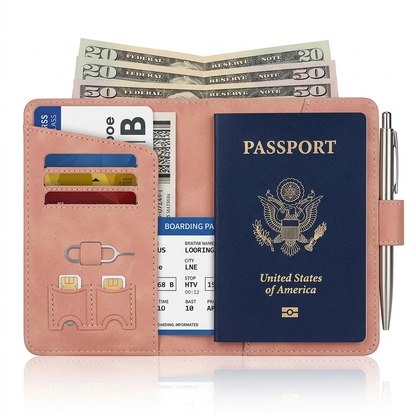 Full capacity demonstration showing passport cards boarding pass cash and pen organized inside