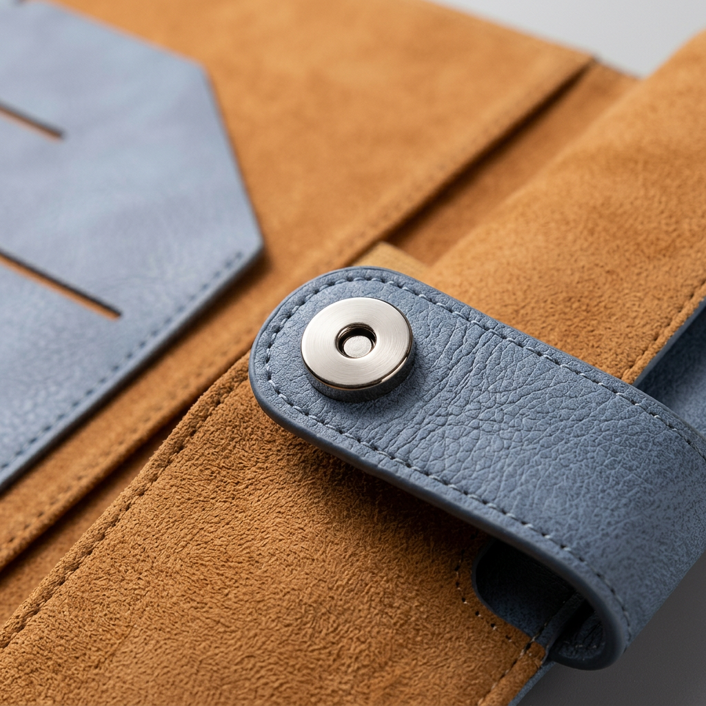 Close-up leather grain texture and magnetic snap button detail