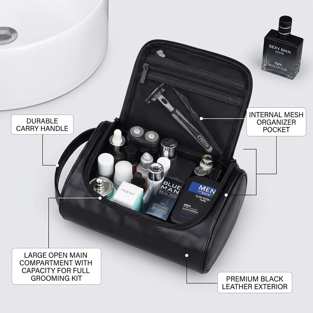 Feature infographic showing top zipper front mesh pocket large interior and carry handle