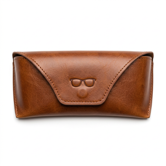 Brown vintage leather sunglasses case closed white background main product shot