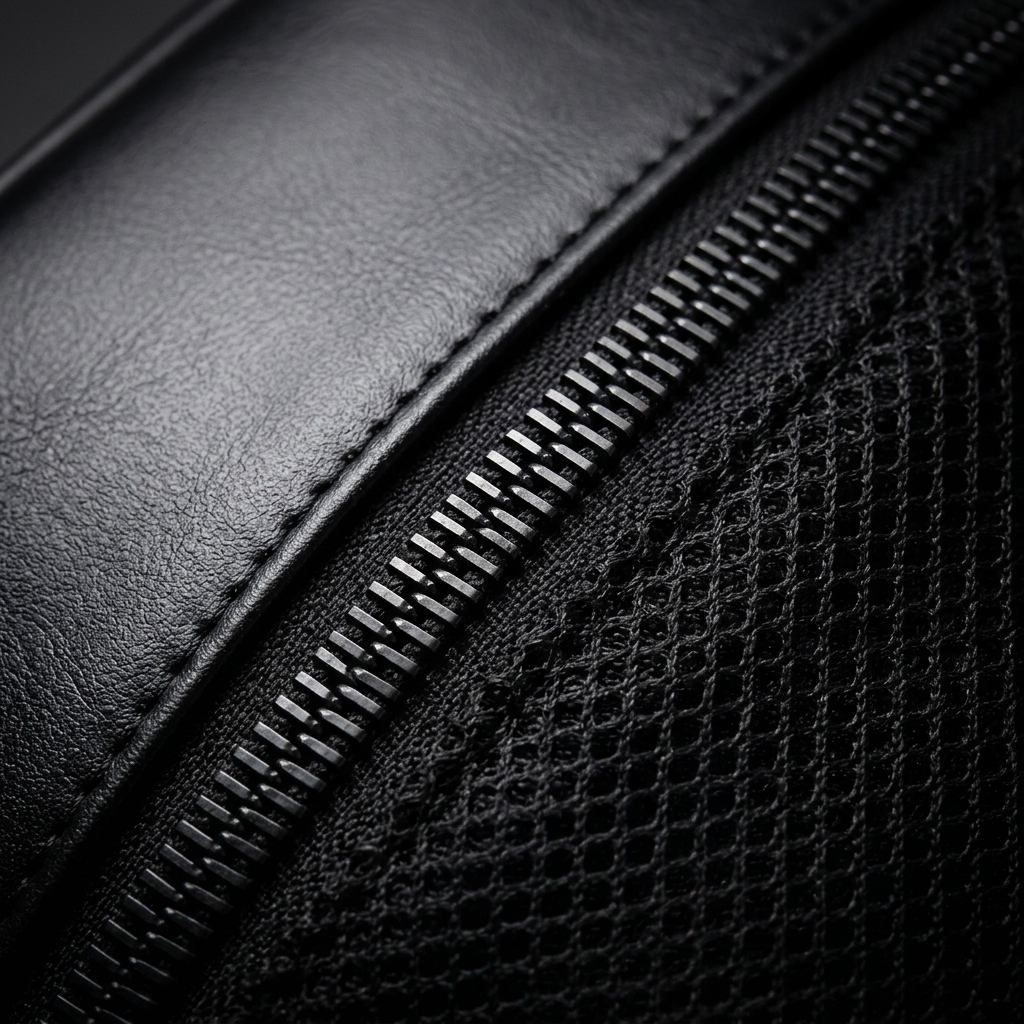 Macro close-up black leather grain texture zipper and front mesh pocket weave detail