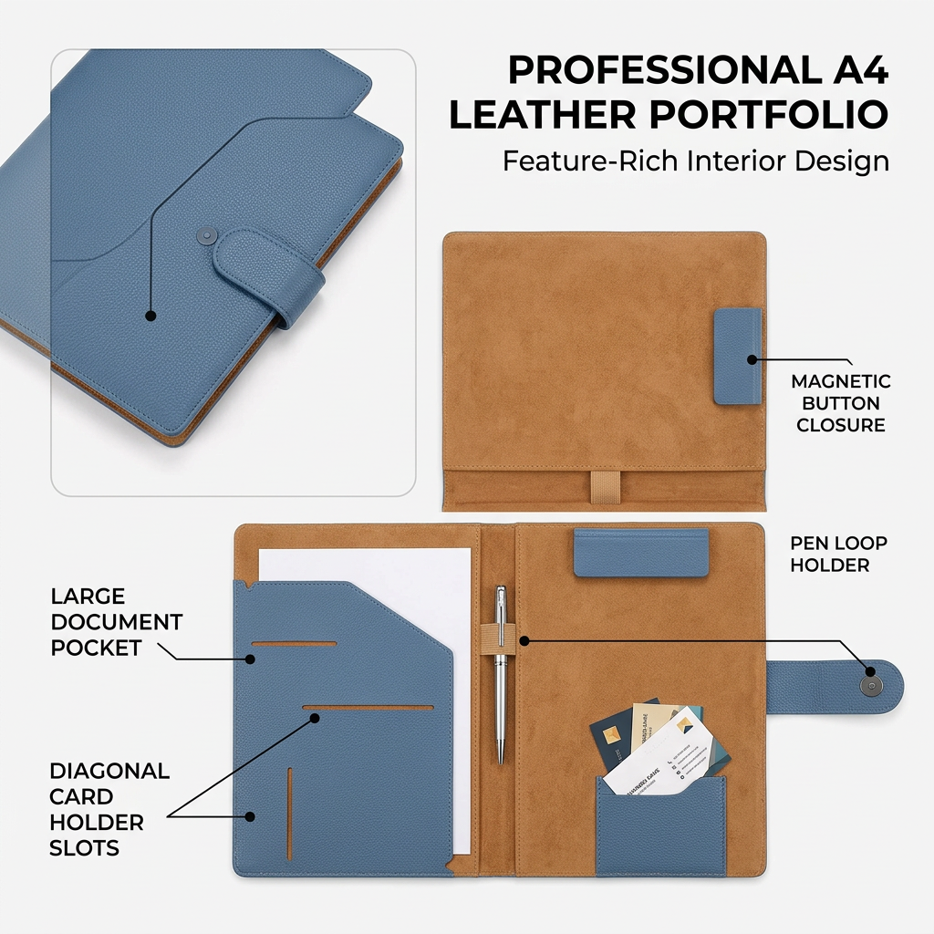 Interior layout infographic with document pocket card slots and pen loop labels