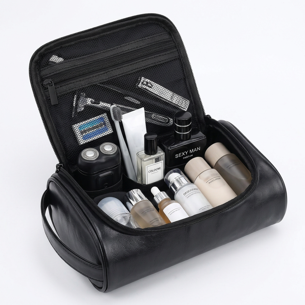 Capacity demonstration showing shaver razor cologne toothbrush skincare organized inside