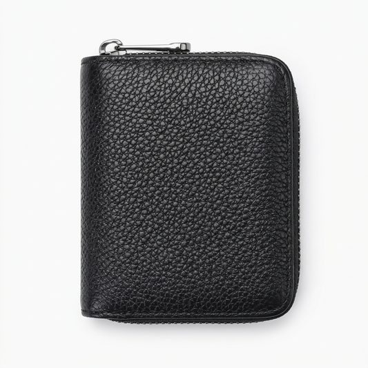 Black genuine leather zipper card wallet white background main shot