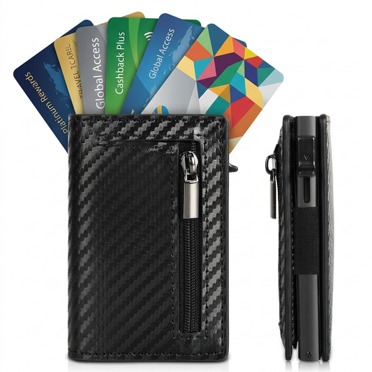 Carbon fiber slim wallet pop-up cards fanned out white background main shot