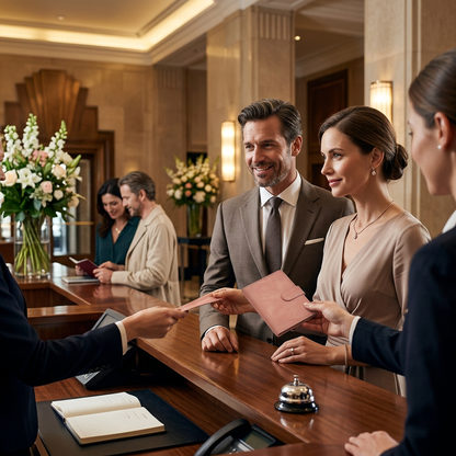 European couple at hotel reception with pink leather passport holder travel scene