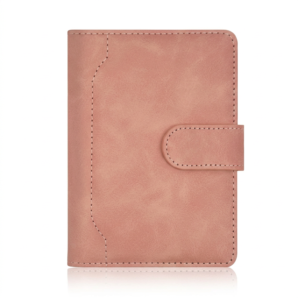Pink blush leather RFID passport holder closed white background main shot